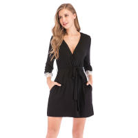 Bata de noche para mujer, pijama, ropa de dormir, cuello en V, manga larga, vestido con puños de encaje y pretina - details 6