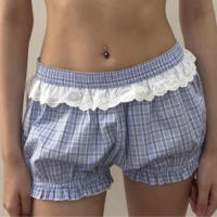 Pantalones cortos básicos cómodos e informales sueltos con botones de cintura elástica tejidos a rayas de verano para mujer - details 96