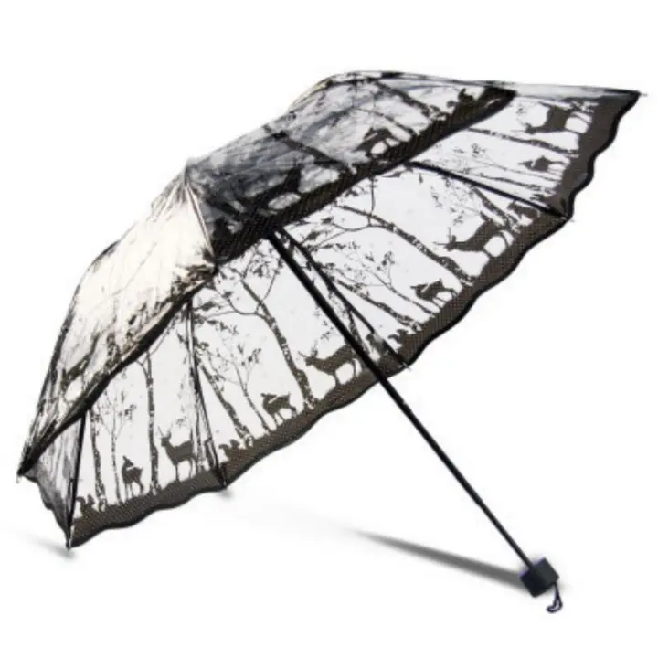 Paraguas plegable triple de PVC con borde ondulado retro paraguas mujer plegable antiviento automático transparente - 1