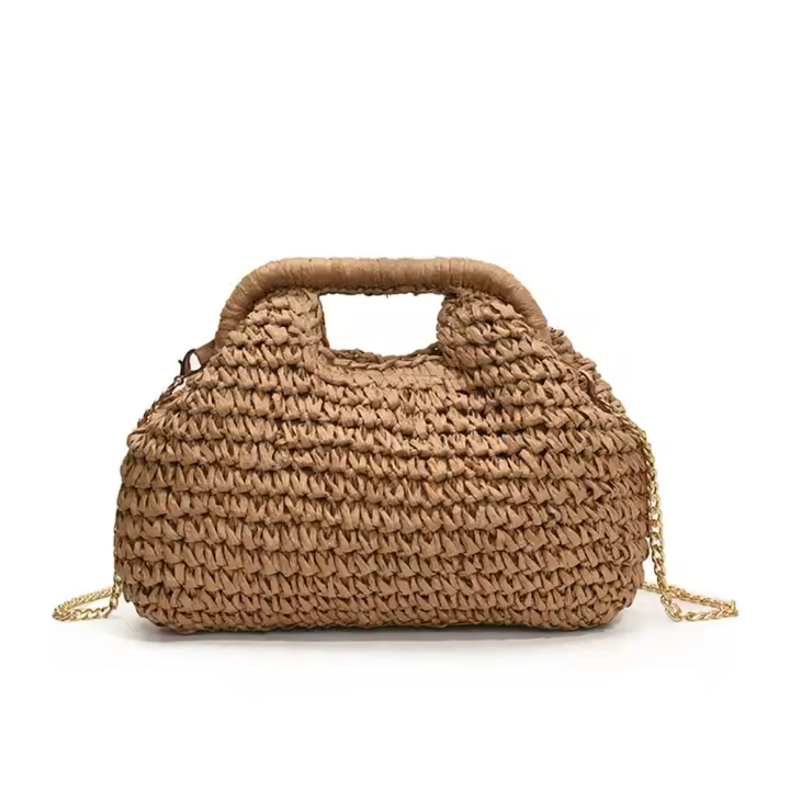 Bolso de paja con cadena tejida de verano a la moda, bolso de hombro de paja informal bohemio, bolso de cubo de ocio para playa para mujeres/niñas - 1