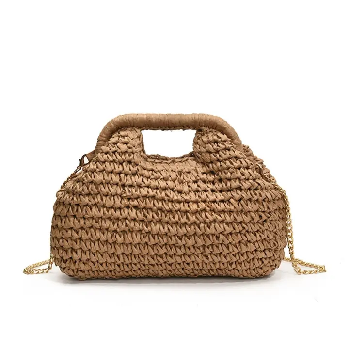 Bolso de paja con cadena tejida de verano a la moda, bolso de hombro de paja informal bohemio, bolso de cubo de ocio para playa para mujeres/niñas - 1