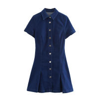 Mini Vestido Plisado Azul Vaquero Moda Vintage para Mujer Cuello de Solapa Manga Corta - details 1