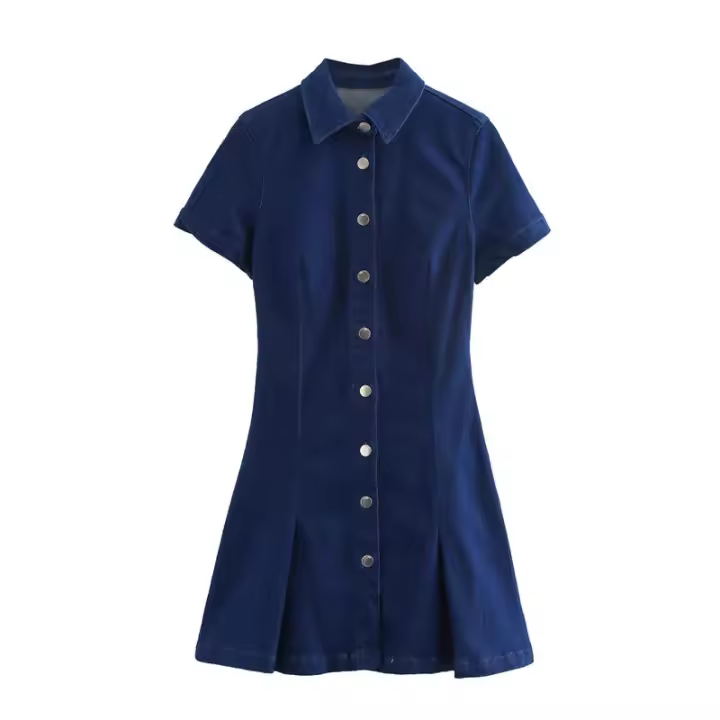 Mini Vestido Plisado Azul Vaquero Moda Vintage para Mujer Cuello de Solapa Manga Corta - 1