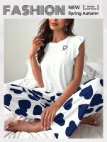 Conjunto De Pijama Para Mujer Estampado De Corazón Camiseta Corta Y Pantalones Largos Ropa De Dormir Estilo Casual De Verano Y Otoño - details 0