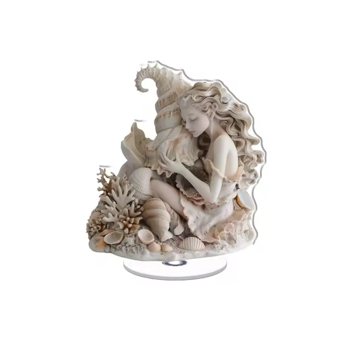 La exhibición acrílica giratoria presenta una escultura de resina de Venus estilo rococó con una concha, rodeada de conchas marinas y coral, que muestra detalles exquisitos y colores vibrantes. - 1