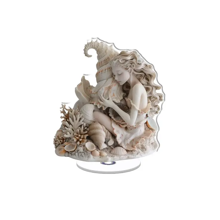La exhibición acrílica giratoria presenta una escultura de resina de Venus estilo rococó con una concha, rodeada de conchas marinas y coral, que muestra detalles exquisitos y colores vibrantes. - 1