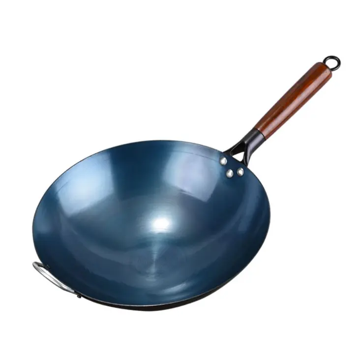 Wok de hierro tradicional chino antiquemaduras, fondo redondo, mango de madera, olla de hierro, sartén antiadherente sin recubrimiento, Cocina de Inducción - 1