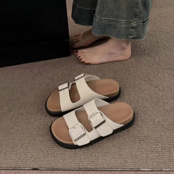 Zapatillas mujer verano nueva tendencia bocken sandalias plataforma bocken half drag pisar fee zapatillas planas frescas - 1