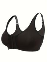 Sujetador deportivo para mujer de talla grande, con cierre frontal, cuello en V, poliéster elástico, color sólido con detalles de encaje, sin relleno, soporte bajo, tejido de punto, para correr y hacer ejercicio - details 9