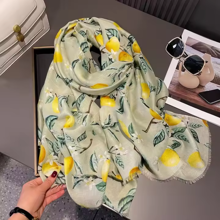Nueva moda, suave bufanda de viscosa Floral con árbol de limón, chal bohemio elegante con flecos finos para mujer, perfecto para viajes y Hijab musulmán informal 2025 - 1