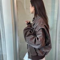 Chaqueta de cuero con cremallera para mujer, abrigo recortado de manga larga con solapa, color rojo vino, Vintage, moda de otoño - details 11
