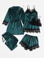 Conjunto De Pijama De Seda Para Mujer 5 Piezas Lencería Sexy De Encaje Camisola Y Pantalones Ropa Interior Para Dormir En Casa - details 6