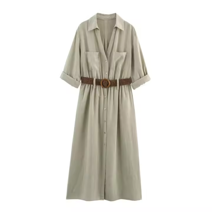 BUNO-Vestido camisero a rayas para mujer, plisado con cinturón, midi, manga con vuelta, largo para playa, verano, 2025 - 1