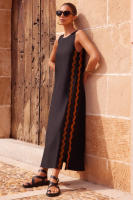 2025 Primavera/Novedad de verano moda Casual sin mangas cuello redondo Color sólido empalme encaje Split vestido de longitud media para mujeres - details 3