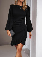 Vestido corto elegante para mujer, vestido informal con volantes, manga abullonada, negro, sencillo e irregular, nuevo para otoño 2023 - details 2