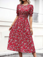 Vestido de mujer, novedad de verano 2025, vestido de longitud media acampanado a la moda con cintura alta y flores redondas para mujer - details 8