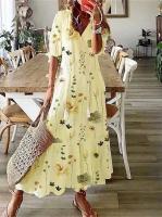 Vestido largo bohemio de verano para mujer, vestidos Vintage con estampado ral y manga con cuello en V, vestido de playa holgado informal con cordón para mujer - details 9