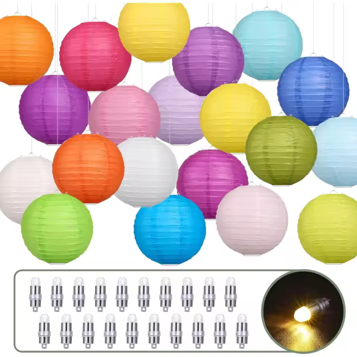 Farolillo de papel 20 piezas con luces de globo, faroles redondos chinos de 6 pulgadas, colores surtidos, pantallas colgantes de papel - 1
