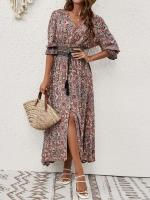 Novedad de verano, vestido bohemio de viaje para vacaciones y playa con cuello en V y mangas tres cuartos con mangas acampanadas y lazo en la cintura - details 3