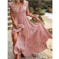 Nuevo vestido largo de verano para mujer con escote en V profundo y estampado bohemio para playa, sin mangas, de cintura alta, para vacaciones - details 0