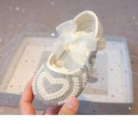 Zapatos con diamantes de imitación para niñas, pajarita de encaje con perlas y corazón grande, vestido plano de princesa a la moda para fiesta de boda, elegante - details 11