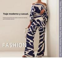 Primavera 2025 para mujeres |   Conjunto estampado con manga murciélago y pantalón palazzo |   Estilo bohemio chic |   Cinturilla ajustable |   Tela transpirable - details 0