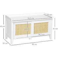 Zapatero con asiento, mueble zapatero con banco, 2 puertas de ratán, estilo bohemio, carga 130 kg, para pasillo de entrada, 80x35x45 cm, blanco y natural - details 5
