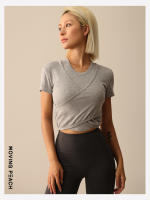 Camiseta deportiva de manga corta para mujer, Top ligero de Yoga, detalle envolvente frontal, suave y transpirable, BTM - details 7