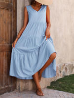 Vestido Boho sin Mangas de Verano 2024 Cuello en V, Color Sólido, Vestido de Flecos en Capas - details 15