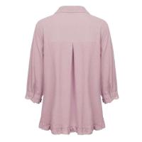 Camisa de algodón y lino de Color liso para mujer, con solapa y botones, manga corta con dobladillo, Top informal holgado, ropa de calle de otoño - details 14