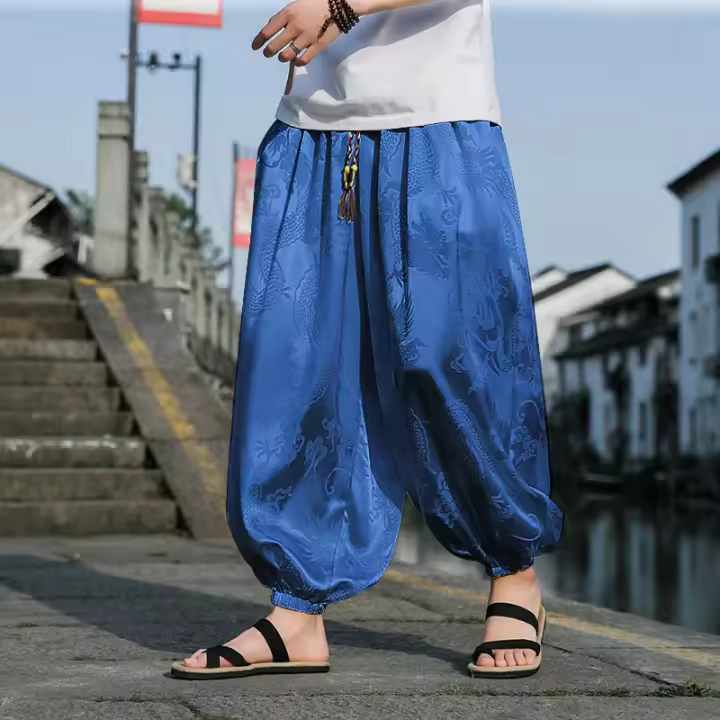 Pantalones Casuales de Alta Calidad para Hombres Marca Lce Seda Dragón Flor Oscura - 1