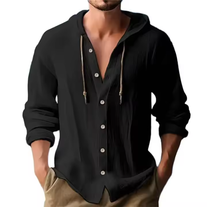 Camisa de Lino de Verano para Hombre Ropa de Calle Sólida Sudadera con Capucha de Manga Larga - 1