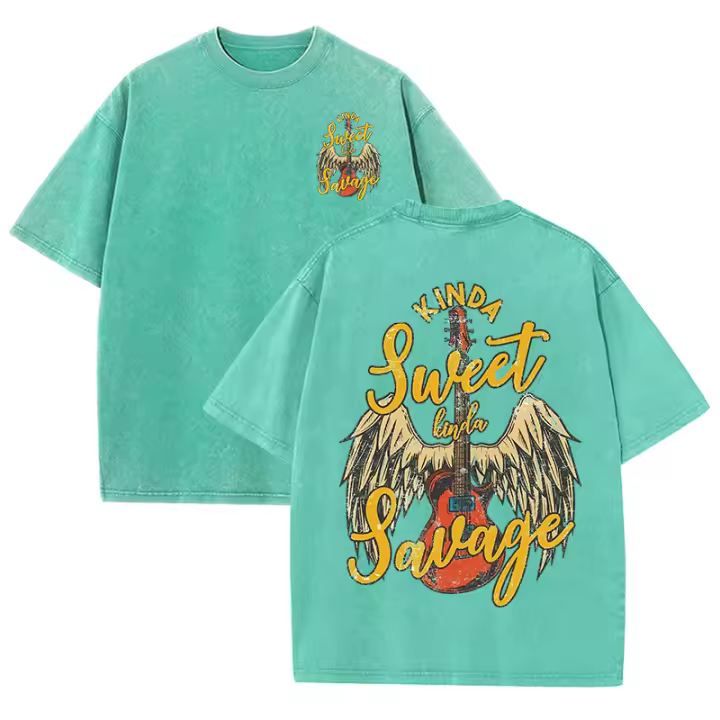 Camiseta lavada con diseño de guitarra y alas para hombre, camisetas Retro transpirables de verano, Top de algodón holgado con cuello redondo, ropa Unisex - 1