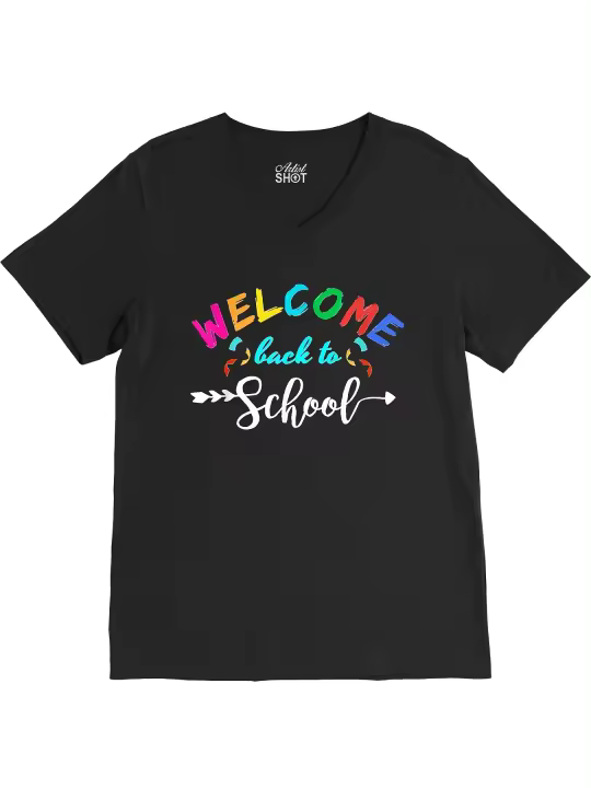 Camiseta de bienvenida de nuevo a la escuela, divertida camiseta de regalo de amor para profesores, camiseta con cuello en V, regalo para papá, manga corta de cuello redondo suave y cómoda - 1