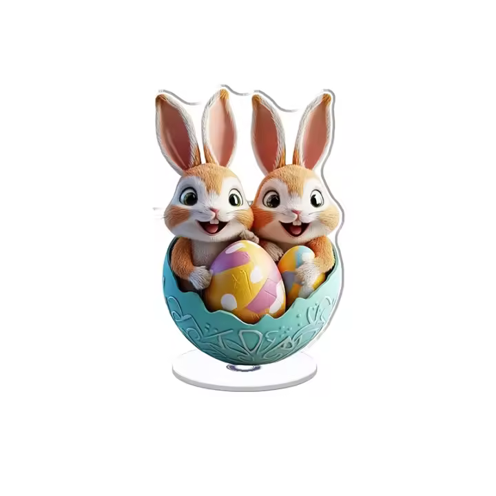 Expositor acrílico giratorio con alegres conejitos de Pascua dentro de un huevo con colores brillantes y detalles claros sobre fondo blanco - 1