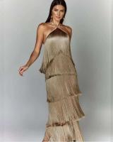 Vestido con abertura y espalda descubierta con flecos y cuello a la moda para mujer - details 2