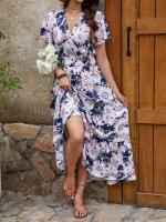 2025 nuevo estampado de manga corta con cuello en V con cintura adelgazante y falda larga con vuelo grande para mujer - details 0