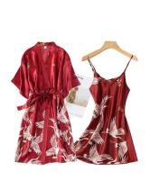 Conjunto de kimono de seda sintética para mujer, pijama y albornoz sexy estampado, ropa interior de verano, 2 piezas. - details 5
