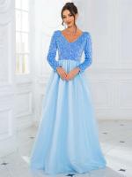 Elegante Vestido de Terciopelo con Lentejuelas Cuello en V, Manga Larga, Red de Cetín, Azul Cielo y Rosa, Perfecto para Fiestas - details 6