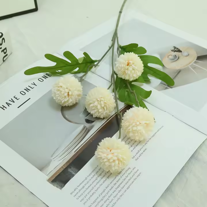 5 cabezas de diente de león, flores artificiales, hojas verdes, bola de imitación Multicolor, ramo de novia de crisantemo, adorno de escritorio - 1
