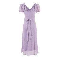 Vacaciones francesas con cuello en V, borde de volantes, vestido de manga corta con cintura y delgado, el vestido morado suave es versátil - details 2
