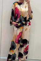 Conjunto de Satén con Estampado de Gradiente Alta Cintura, Pantalones Sueltos, Camisas de Manga Larga Moda Callejera de Otoño 2024 para Mujeres - details 3