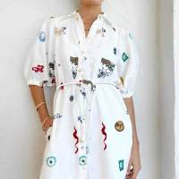 2025 primavera nueva ropa de mujer europea y americana moda suelta impresión solapa corbata burbuja manga camisa vestido 661 - details 1