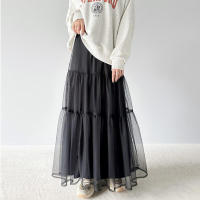 Falda larga de malla para mujer, falda de dos capas, línea A, color negro, blanco y verde, primavera y verano - details 2