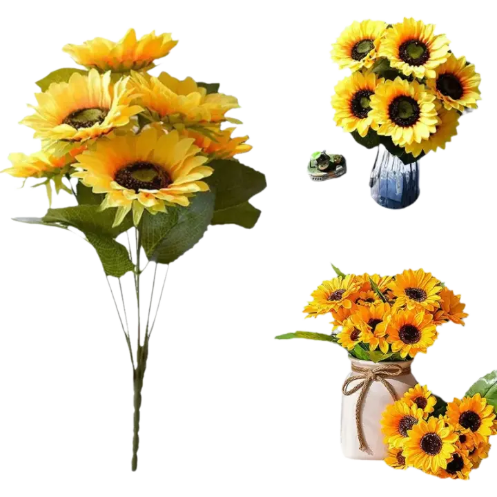 Ramos de Girasol Artificiales Búquet de Flores Falsas de 7 Cabezas 29cm de Enredaduras - 1