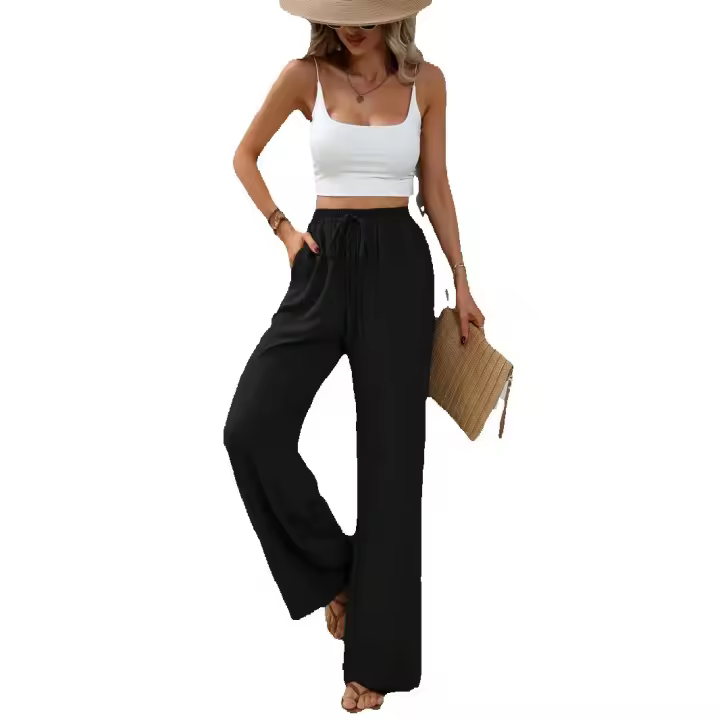 Pantalones de pierna recta con cintura elástica y bolsillo liso para mujer, pantalones casuales de pierna ancha de cintura alta para uso diario, pantalones de mujer para todas las estaciones, pantalones holgados - 1