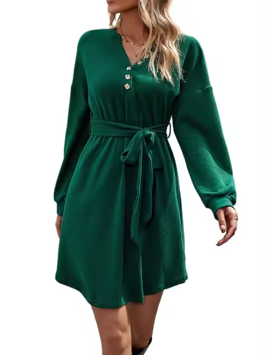 Vestido Corto de Crochet para Mujer Cuello en V, Color Sólido, Moda Casual, Prenda Única de Punto - 1