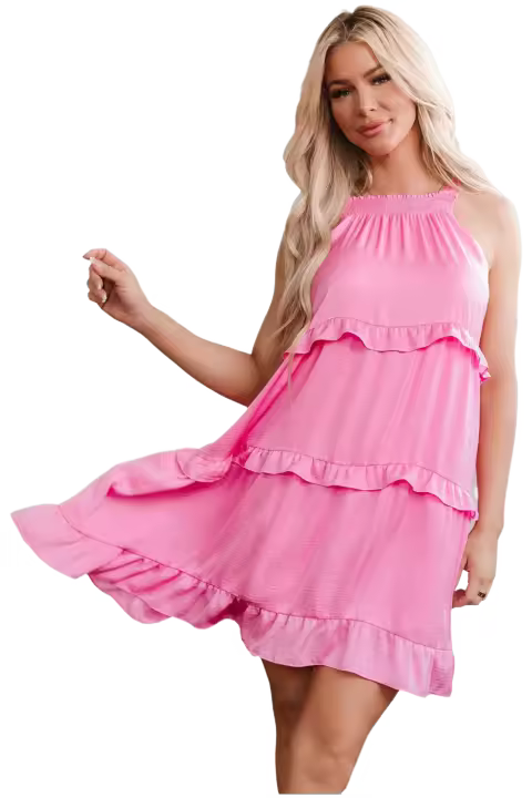 Elrachen Mini vestido sin mangas con volantes y cuello ahumado rosa para mujer, rosa, tallas S-XL - 1