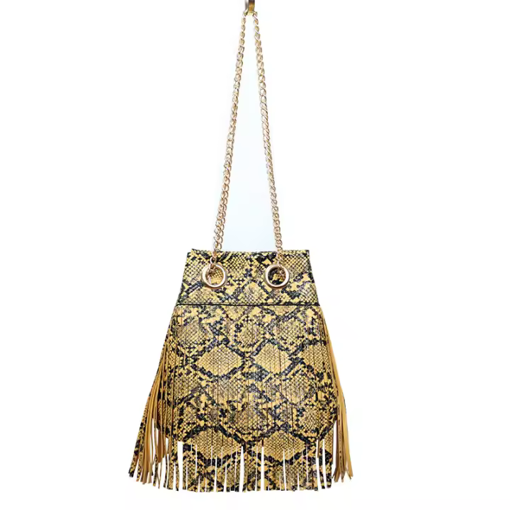 Moda serpiente de impresión de la cadena de borla bolsa de cubo, bolso de hombro de las mujeres Crossbody, hebilla de bloqueo - 1