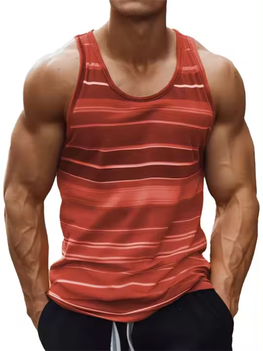 Camiseta informal sin mangas con estampado 3D de rayas arcoíris y cuello redondo para hombre, chaleco sin mangas sencillo a la moda, ropa transpirable para hombre - 1